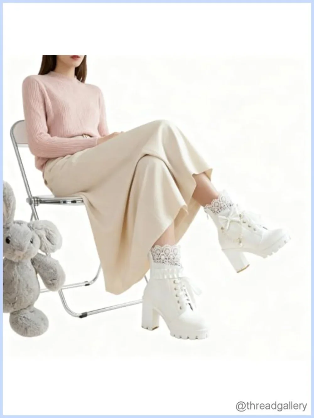 Gothic platform ankle boots with lace pearl chain bow chunky high heel combat